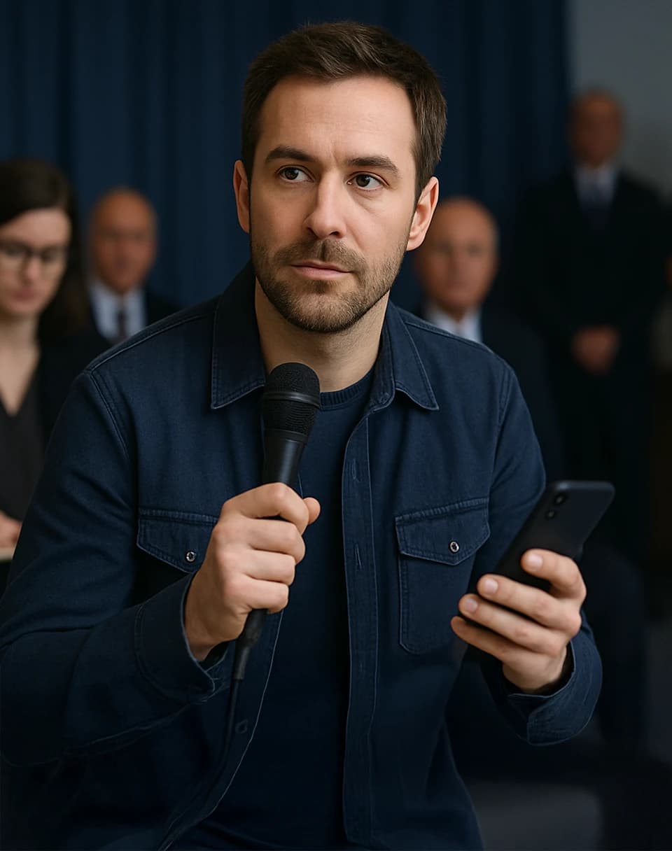 Journalist met microfoon. RecapAI Interviews direct doorzoekbaar voor publicatie