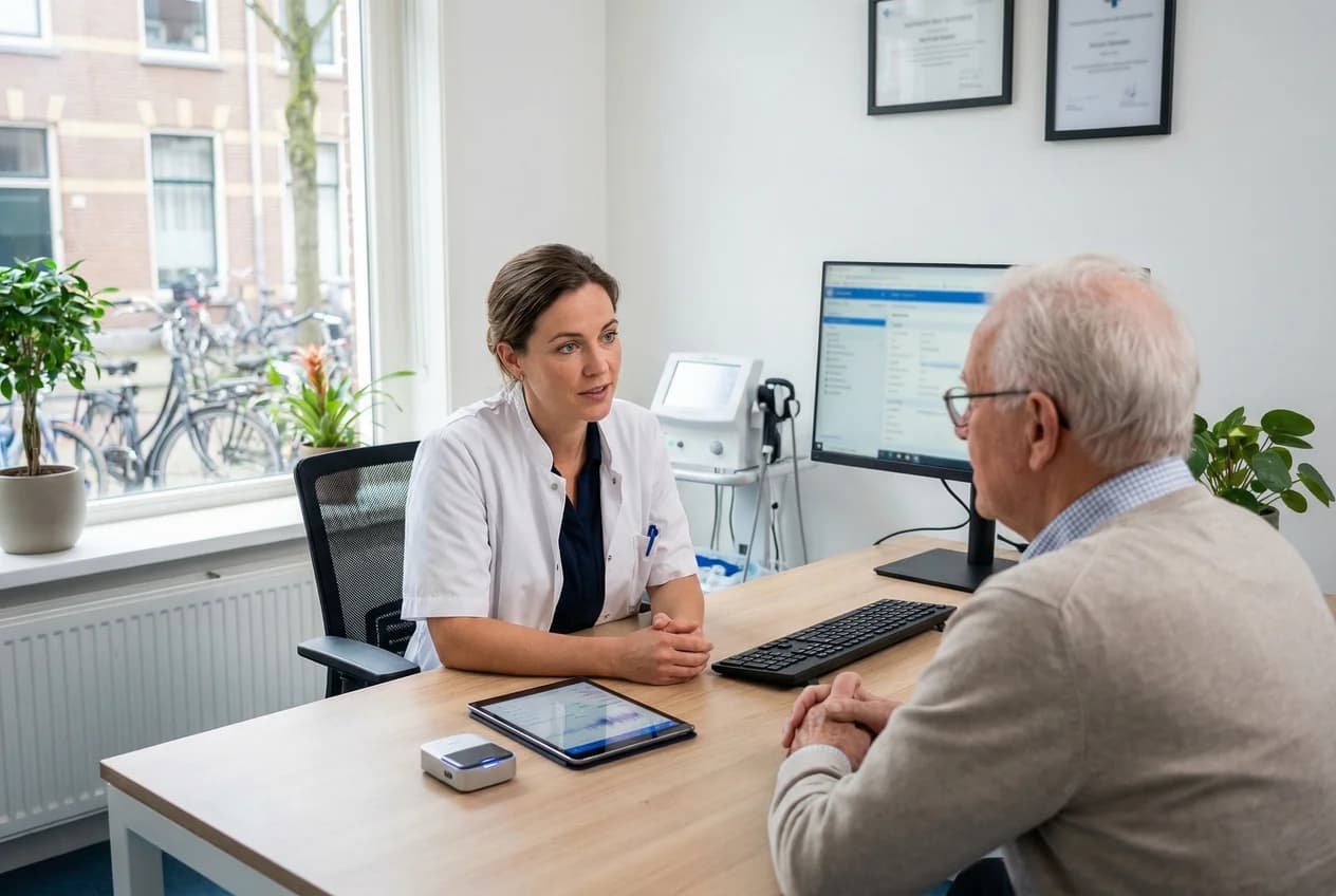 Illustratie van een gesprek tussen een professional en gesprekspartner, met RecapAI als digitale assistent