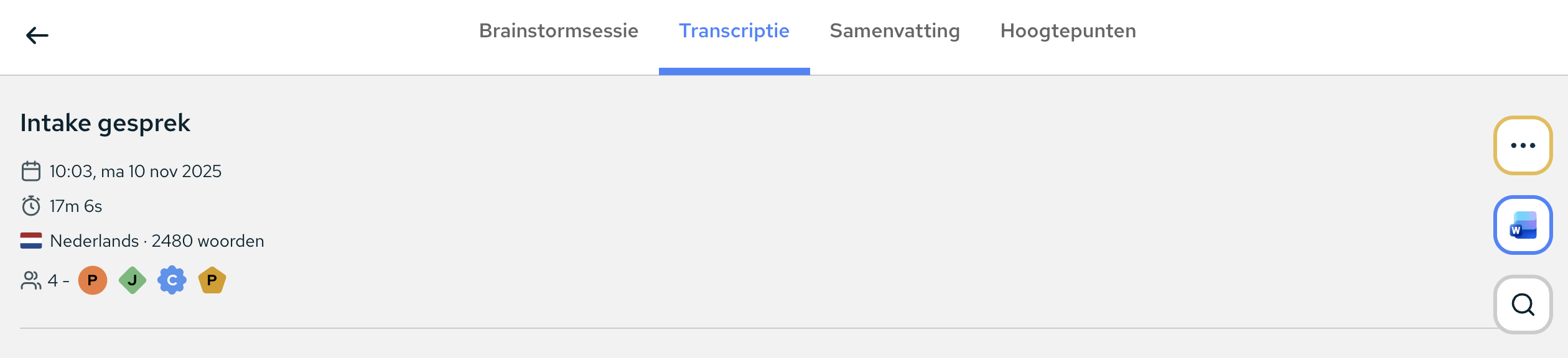 Resultatenscherm met tabs, waaronder Transcriptie, Samenvatting en Hoogtepunten