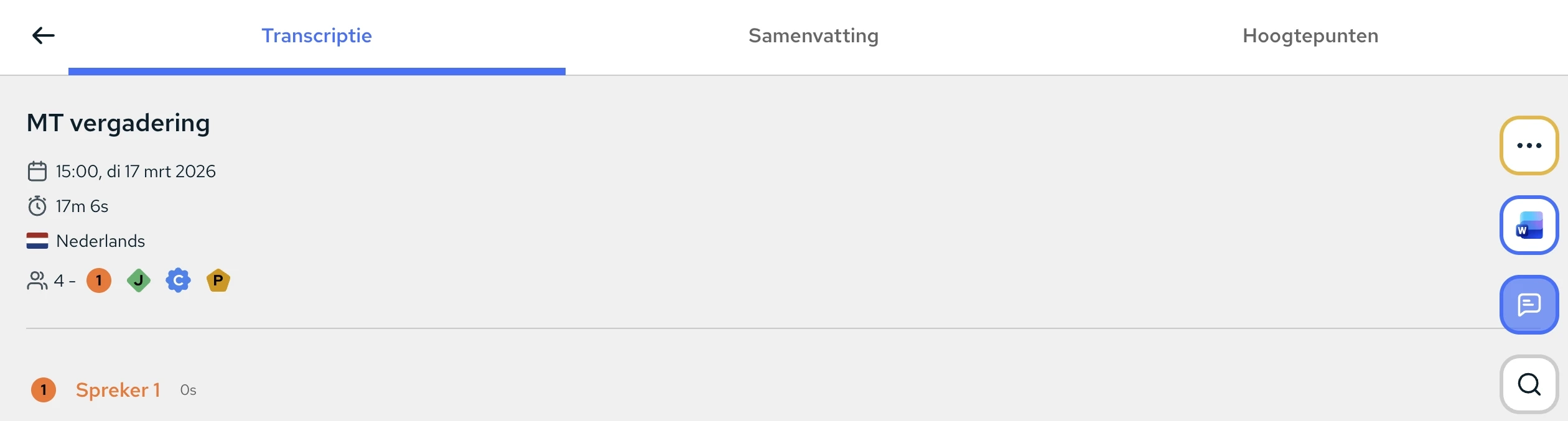 Resultaatscherm met de drie tabs: Transcriptie, Samenvatting en Hoogtepunten
